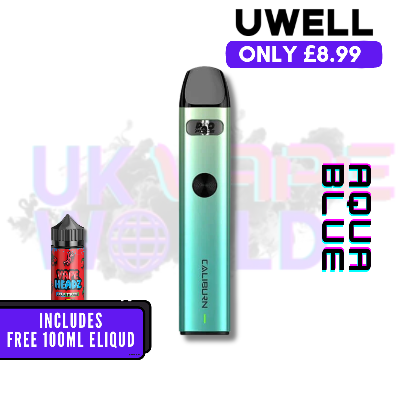 Shop Aqua Blue Uwell Caliburn A2 Pod Vape Kit + Free 100ML Eliquid - UK Vape World