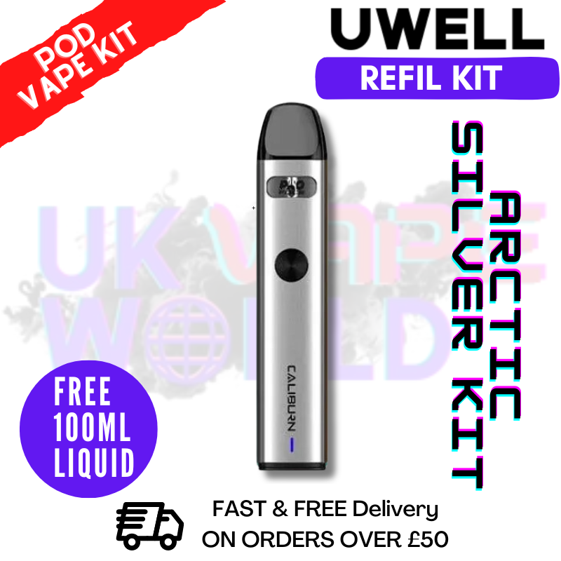 Shop Arctic Silver Kit Uwell Caliburn A2 Pod Kit + Free 100ML E Liquid - UK Vape World