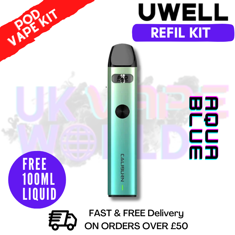 Shop Aqua Blue Uwell Caliburn A2 Pod Kit + Free 100ML E Liquid - UK Vape World