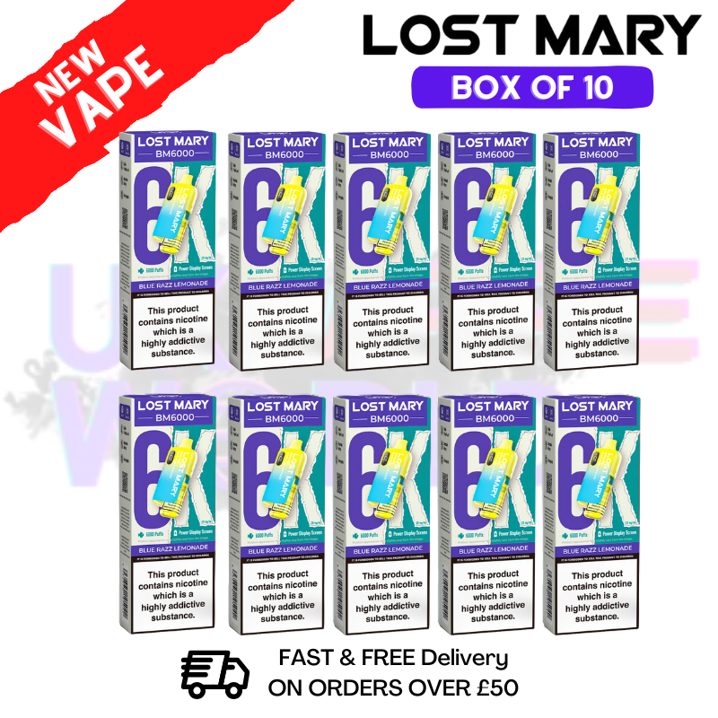 Shop Blue Razz Lemonade LOST MARY 6000PUFF 6K Box Of 10 - UK Vape World