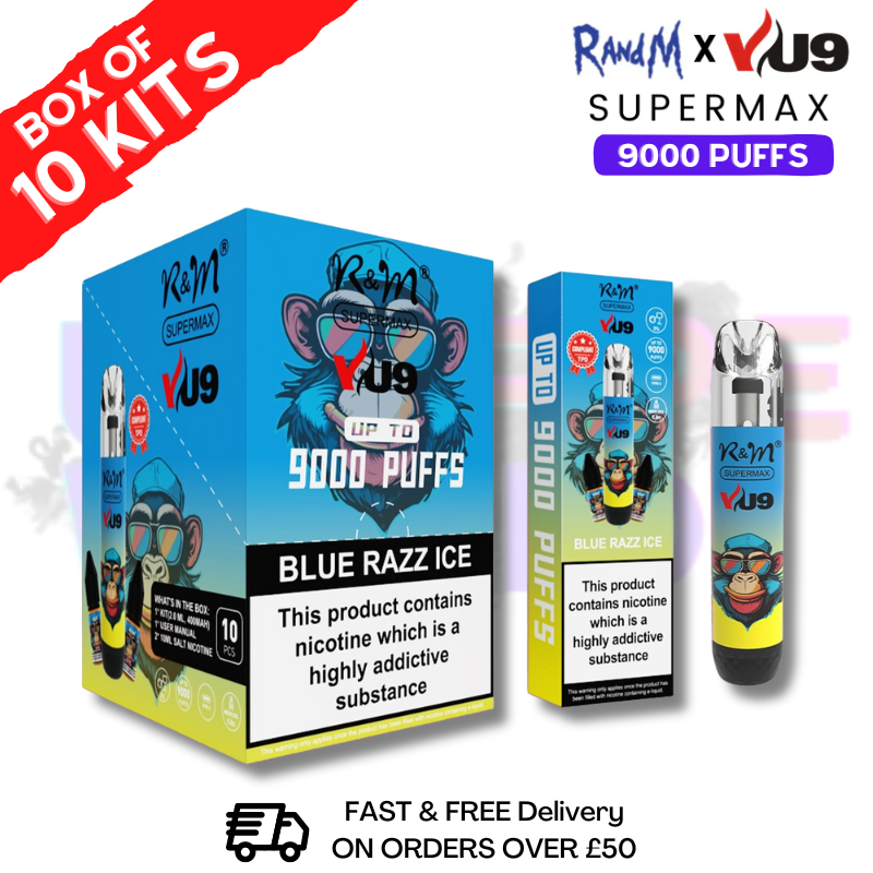 Blue Razz Ice RandM 9K SuperMAX 9000 Puff Bar R and M Pack Of 10 - UK Vape World