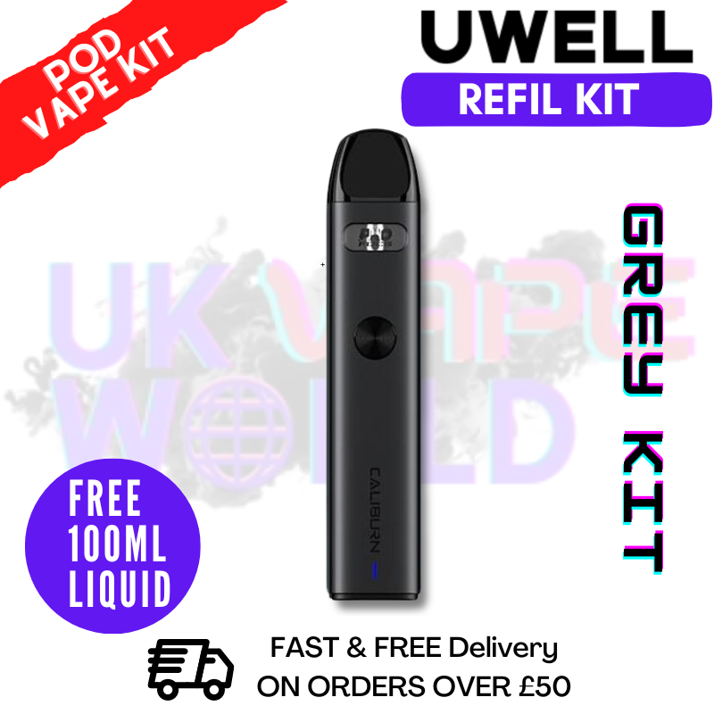 Shop Grey Kit Uwell Caliburn A2 Pod Kit + Free 100ML E Liquid - UK Vape World