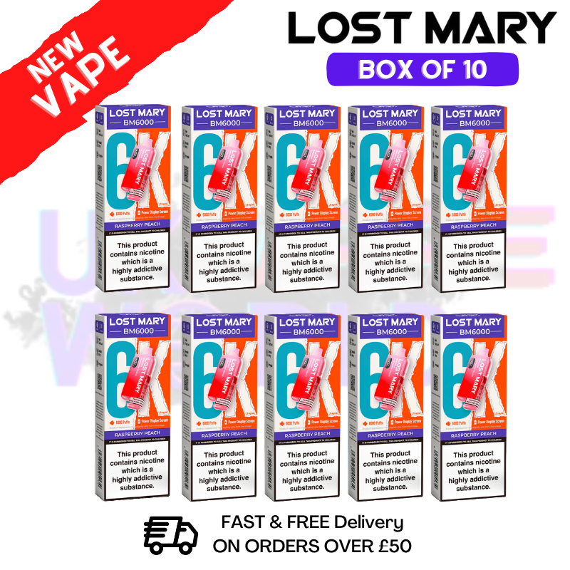 Shop Raspberry Peach LOST MARY 6000PUFF 6K Box Of 10 - UK Vape World