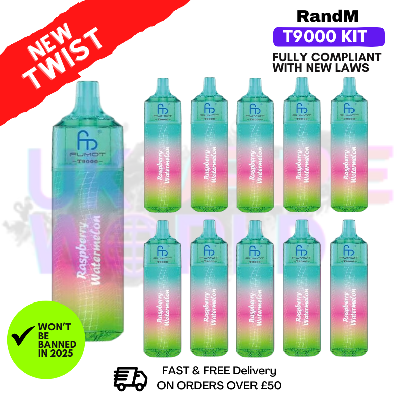 Shop Raspberry Watermelon Randm T9000 Puffs Box Of 10 - UK Vape World